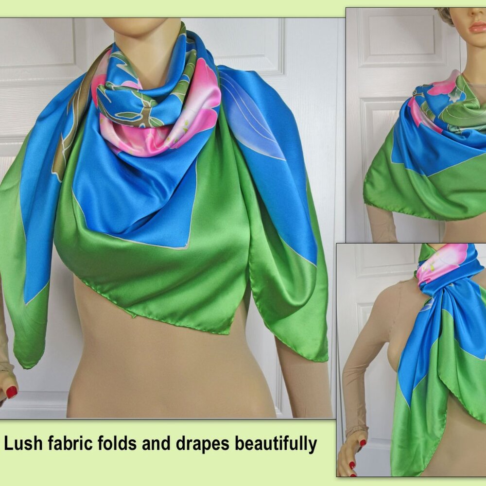 Tropical print 44 inch Scarf / Pareo / Shawl, Green, teal, pink blue floral - Picture 13 of 14
